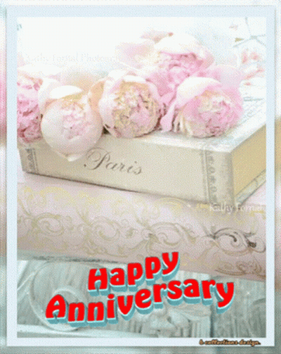 A Happy Anniversary Card With Flowers And A Book GIF