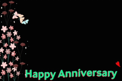 A Happy Anniversary Card With Flowers And Butterflies On A Black Background GIF