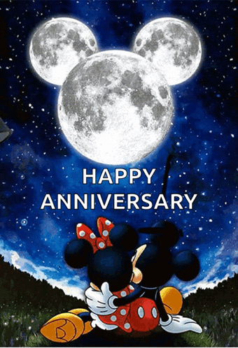 A Happy Anniversary Card With Mickey Mouse And Minnie Mouse Looking At A Full Moon GIF
