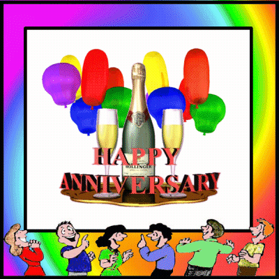 A Happy Anniversary Greeting Card With A Bottle Of Bollinger Champagne And Balloons GIF