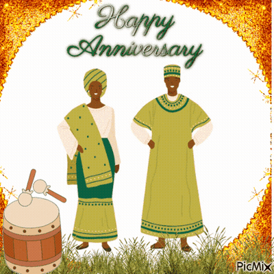 A Happy Anniversary Greeting Card With A Man And Woman Standing Next To A Drum GIF