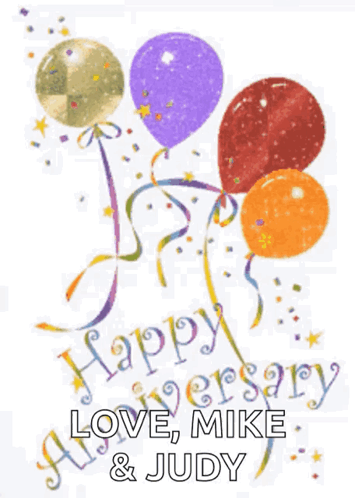 A Happy Anniversary Greeting Card With Balloons And Confetti GIF