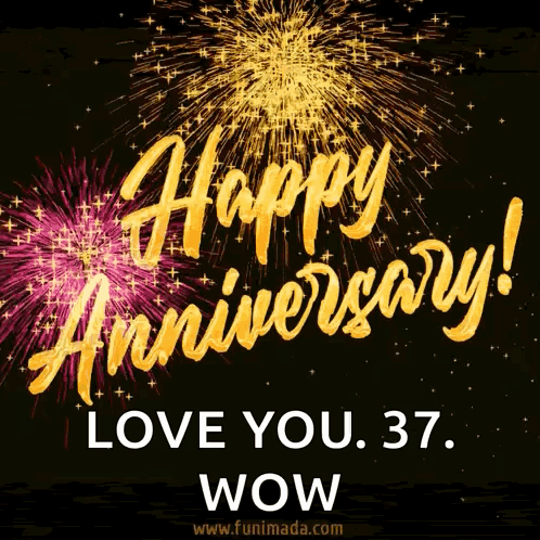 A Happy Anniversary Greeting Card With Fireworks Behind It GIF