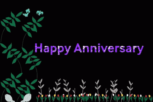 A Happy Anniversary Greeting Card With Flowers And Birds GIF