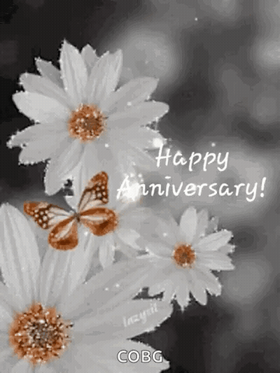 A Happy Anniversary Greeting Card With Flowers And Butterflies GIF