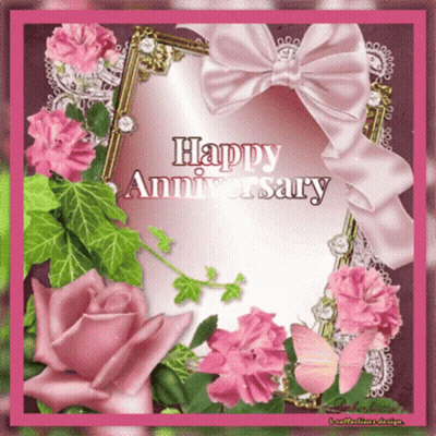 A Happy Anniversary Greeting Card With Pink Flowers And A Butterfly GIF
