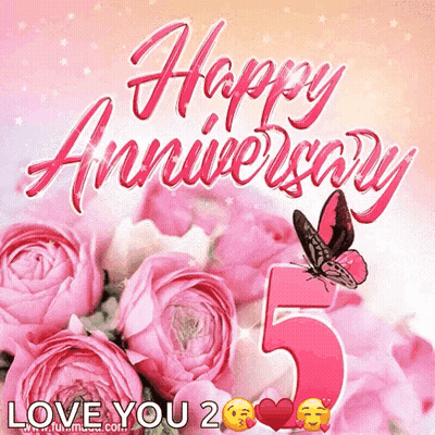 A Happy Anniversary Greeting Card With Pink Roses And Butterflies GIF