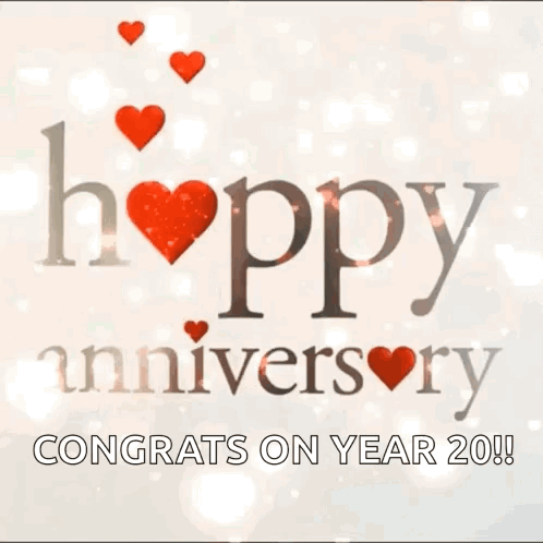 A Happy Anniversary Greeting Card With Red Hearts And The Words Congrats On Year 20 ! GIF