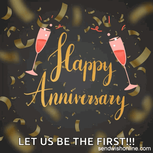 A Happy Anniversary Greeting Card With Two Champagne Glasses And Confetti GIF
