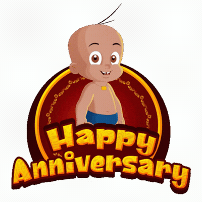A Happy Anniversary Logo With A Cartoon Character On It GIF