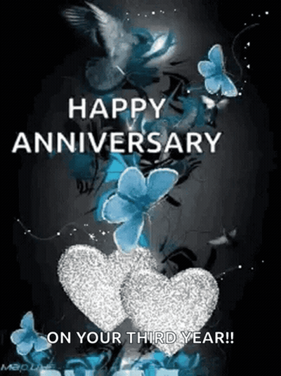 A Happy Anniversary On Your Third Year Greeting Card With Butterflies And Hearts . GIF