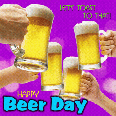 A Happy Beer Day Greeting Card With A Purple Background GIF