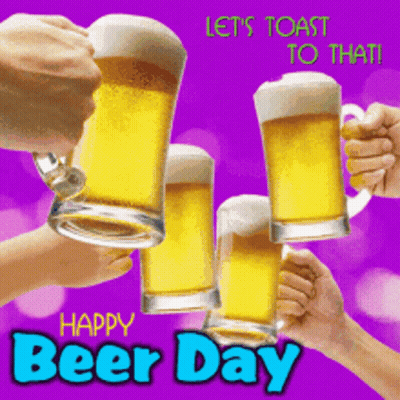A Happy Beer Day Greeting Card With People Toasting With Beer Glasses GIF