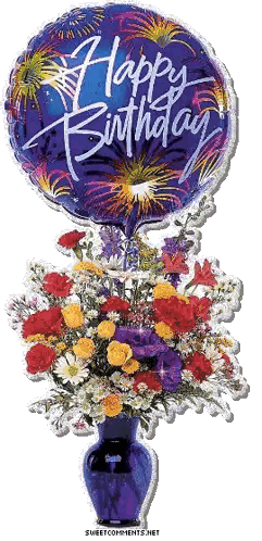 A Happy Birthday Balloon Sits Above A Blue Vase Of Flowers Sticker