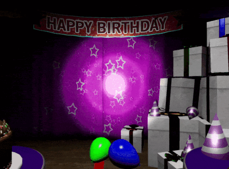 A Happy Birthday Banner Hangs Above A Room Filled With Balloons And Gifts GIF