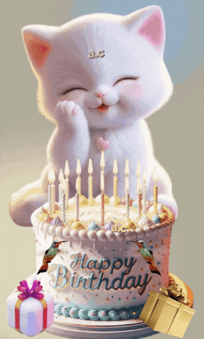 A Happy Birthday Cake With A Cat On It GIF