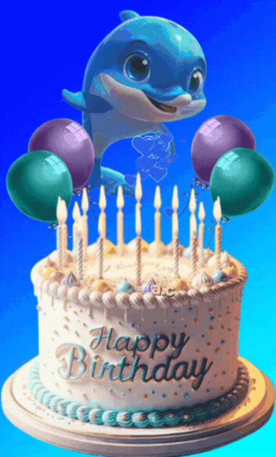 A Happy Birthday Cake With A Dolphin And Balloons On It GIF
