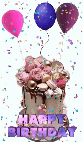 A Happy Birthday Cake With Balloons And Confetti On It . GIF