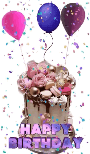 A Happy Birthday Cake With Balloons And Confetti On It . GIF