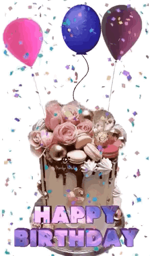 A Happy Birthday Cake With Balloons And Confetti On It . GIF