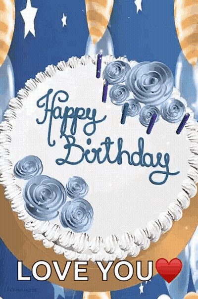 A Happy Birthday Cake With Blue Frosting And Candles GIF