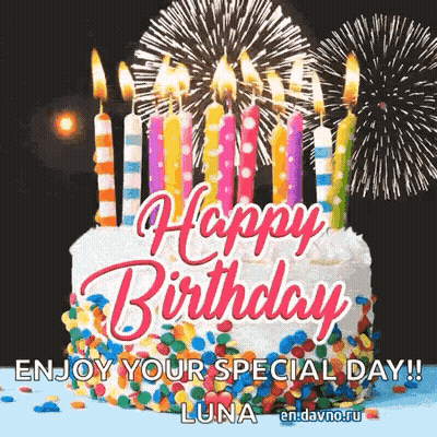 A Happy Birthday Cake With Candles And Fireworks In The Background GIF