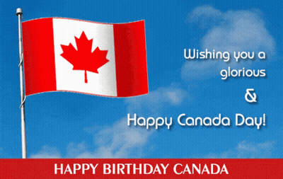 A Happy Birthday Canada Card With A Canadian Flag In The Background GIF