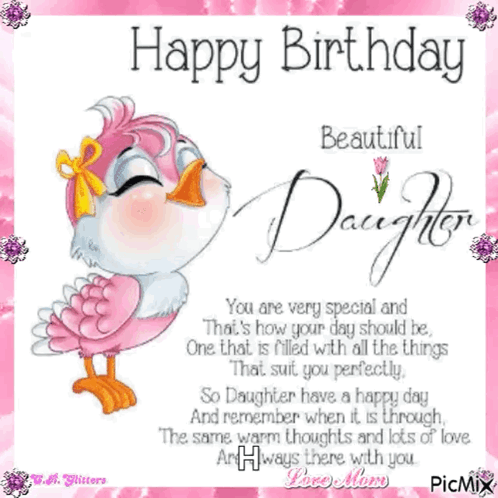 A Happy Birthday Card For A Daughter With A Pink Bird GIF