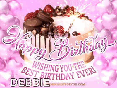 A Happy Birthday Card For Debbie With A Cake GIF