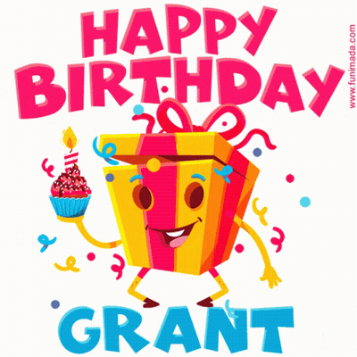 A Happy Birthday Card For Grant With A Cartoon Gift Box GIF