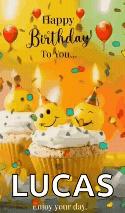 A Happy Birthday Card For Lucas With Cupcakes And Candles . GIF
