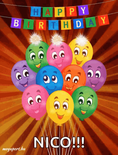 A Happy Birthday Card For Nico With A Bunch Of Balloons GIF