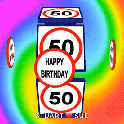 A Happy Birthday Card For Stuart And Sue With A Rainbow Background GIF