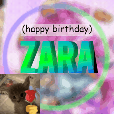 A Happy Birthday Card For Zara With A Cat In The Background GIF