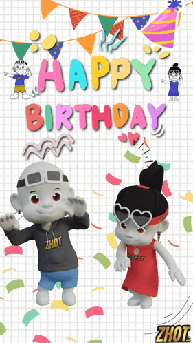 A Happy Birthday Card With A Boy And A Girl Dancing GIF