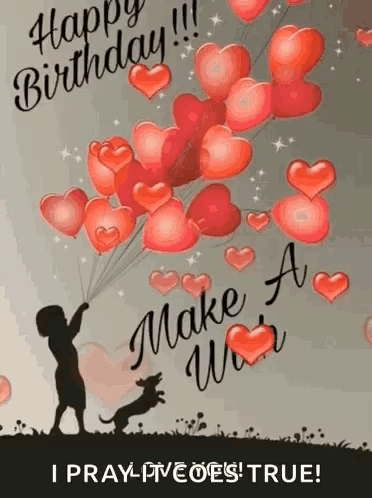 A Happy Birthday Card With A Boy Holding A Bunch Of Balloons In The Shape Of Hearts . GIF