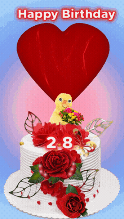 A Happy Birthday Card With A Cake And A Heart GIF