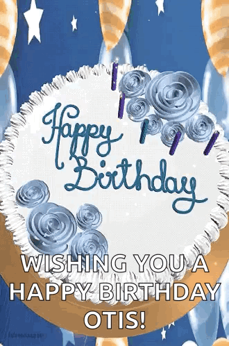 A Happy Birthday Card With A Cake And Balloons GIF