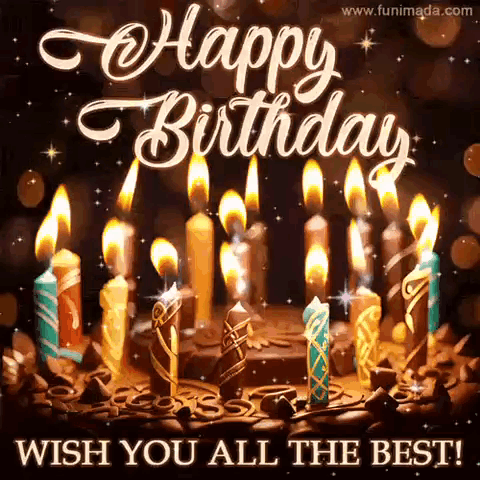 A Happy Birthday Card With A Cake And Candles . GIF