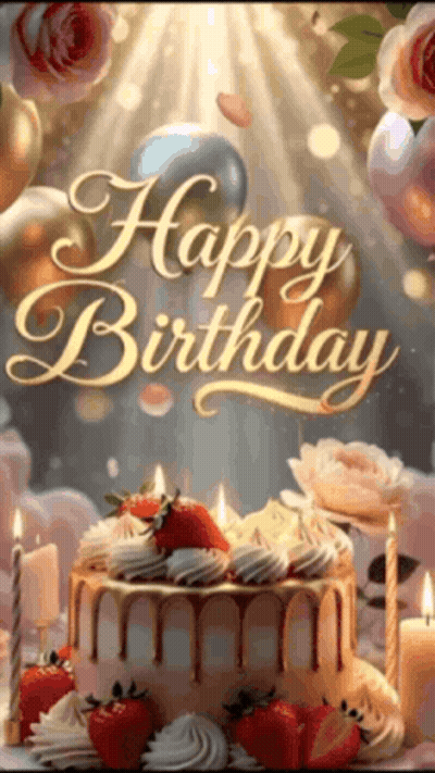 A Happy Birthday Card With A Cake And Candles On It GIF