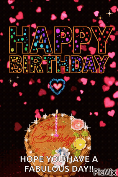 A Happy Birthday Card With A Cake And Hearts GIF