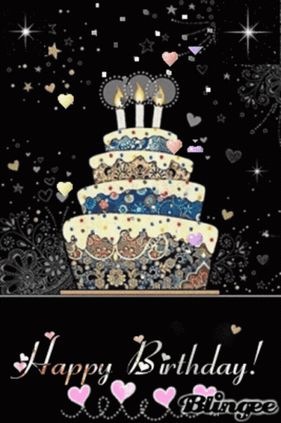 A Happy Birthday Card With A Cake And Hearts GIF