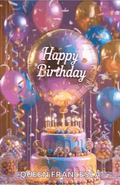 A Happy Birthday Card With A Cake , Balloons , And Candy . GIF