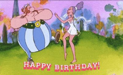 A Happy Birthday Card With A Cartoon Character And A Woman GIF