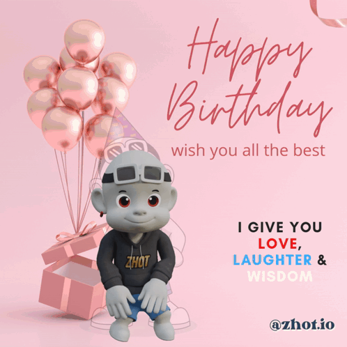 A Happy Birthday Card With A Cartoon Character And Balloons GIF