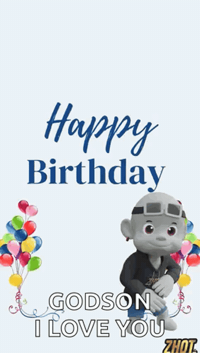 A Happy Birthday Card With A Cartoon Character Holding Balloons GIF