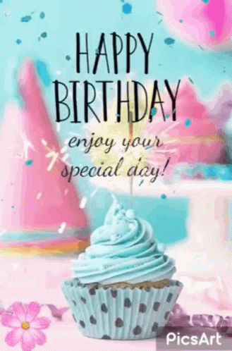 A Happy Birthday Card With A Cupcake And A Candle On It . GIF