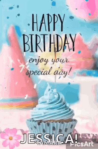 A Happy Birthday Card With A Cupcake And A Candle On It . GIF