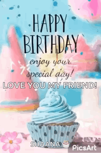 Cupcake And Balloons Happy Birthday Card GIF