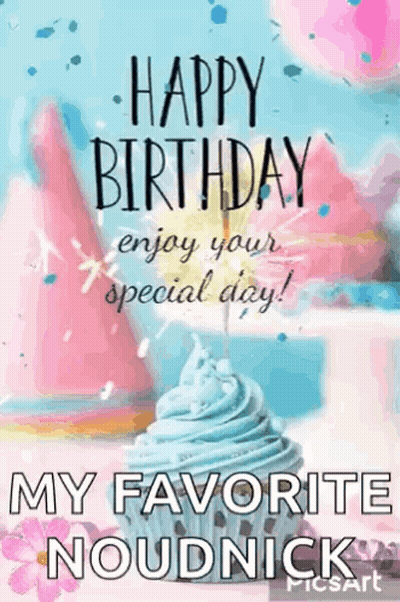 A Happy Birthday Card With A Cupcake And Cotton Candy On It . GIF